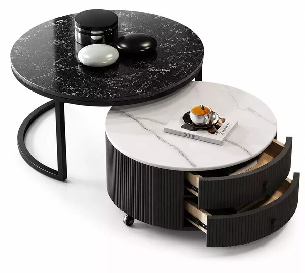 LuxuryForm DESIGN Konferenční stolek ROYAL 80 / 60 cm – mramorový dekor černý/bílý (set 2 ks)