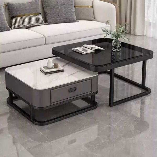 LuxuryForm DESIGN Konferenční stolek ARAGON 70 × 70 / 60 × 60 cm – šedý / bílý mramor + sklo (set 2 ks)