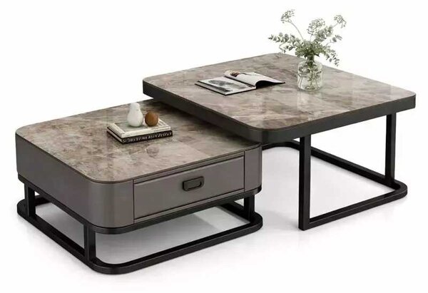 LuxuryForm DESIGN Konferenční stolek ARAGON 70 × 70 / 60 × 60 cm – šedý / šedý mramor (set 2 ks)