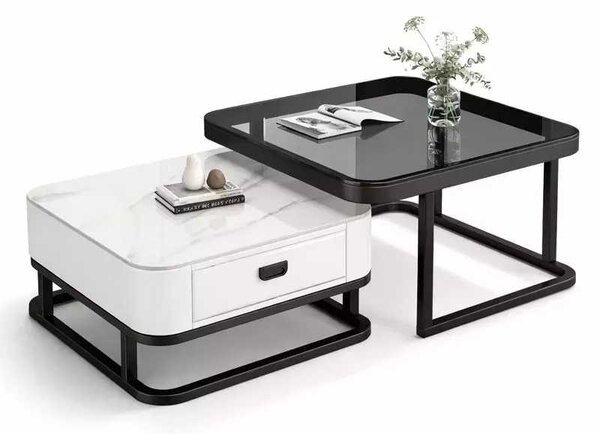 LuxuryForm DESIGN Konferenční stolek ARAGON 70 × 70 / 60 × 60 cm – bílý / bílý mramor + sklo (set 2 ks)