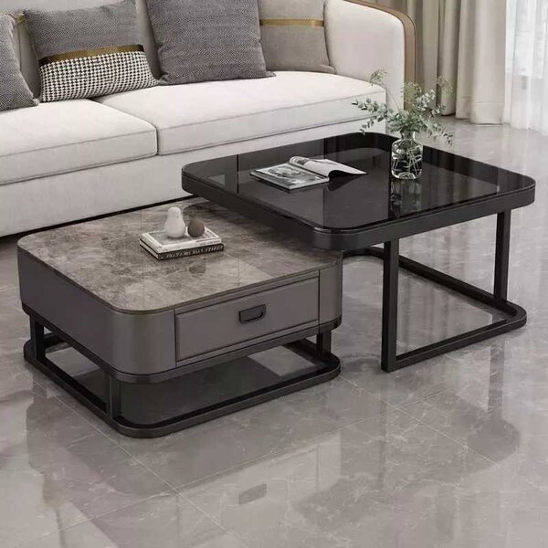 LuxuryForm DESIGN Konferenční stolek ARAGON 70 × 70 / 60 × 60 cm – šedý / šedý mramor + sklo (set 2 ks)