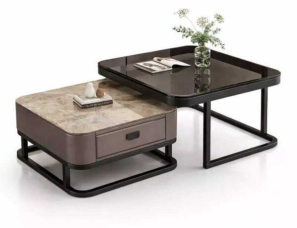 LuxuryForm DESIGN Konferenční stolek ARAGON 70 × 70 / 60 × 60 cm – šedý / šedý mramor + sklo (set 2 ks)