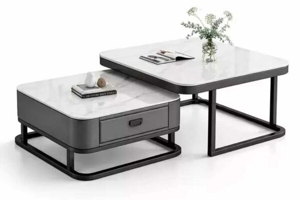 LuxuryForm DESIGN Konferenční stolek ARAGON 70 × 70 / 60 × 60 cm – šedý / bílý mramor (set 2 ks)