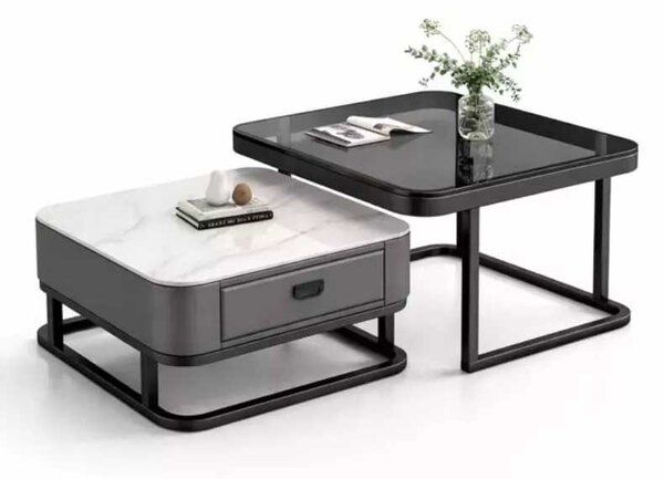 LuxuryForm DESIGN Konferenční stolek ARAGON 70 × 70 / 60 × 60 cm – šedý / bílý mramor + sklo (set 2 ks)