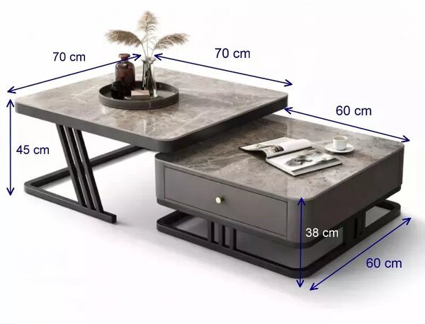 LuxuryForm DESIGN Konferenční stolek TITAN 70 × 70 / 60 × 60 cm – šedý, šedý mramor (set 2 ks)