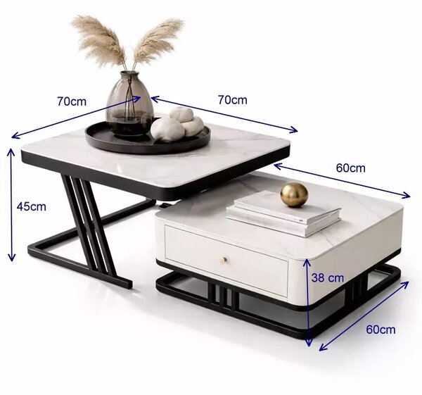 LuxuryForm DESIGN Konferenční stolek TITAN 70 × 70 / 60 × 60 cm – bílý, bílý mramor (set 2 ks)