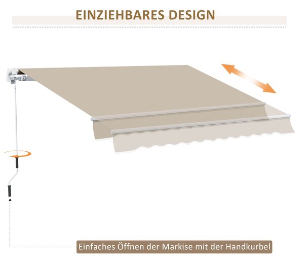 Manuální zatahovací kazetová markýza Outsunny 3,95 m s kličkou pro balkón - sluneční clona, stěnová montáž, hliník, Bílá + Béžová 395 x 245 cm | Aosom
