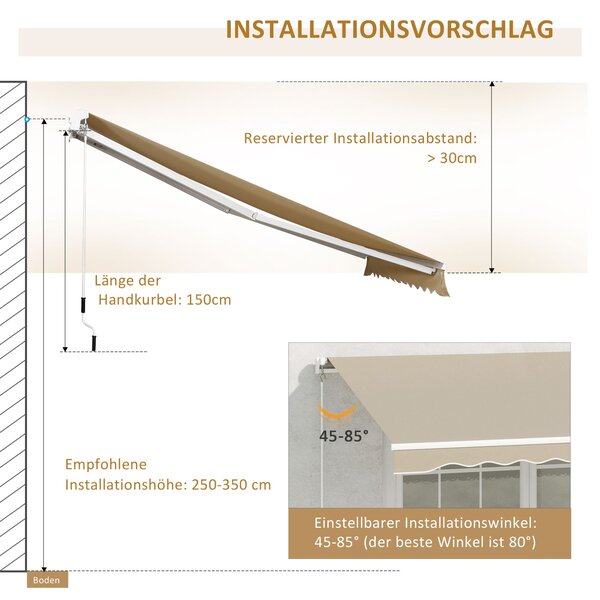 Manuální zatahovací kazetová markýza Outsunny 3,95 m s kličkou pro balkón - sluneční clona, stěnová montáž, hliník, Bílá + Béžová 395 x 245 cm | Aosom