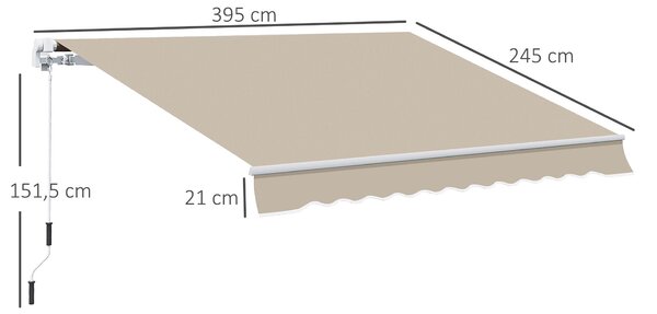Manuální zatahovací kazetová markýza Outsunny 3,95 m s kličkou pro balkón - sluneční clona, stěnová montáž, hliník, Bílá + Béžová 395 x 245 cm | Aosom