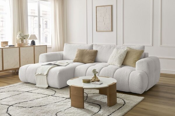 -25 % Dny MOMENTI– Bobochic Paris Bílá bouclé rozkládací pohovka Fuji 292 cm, levá