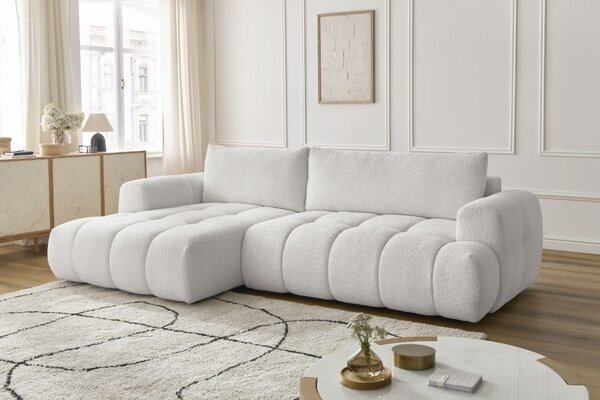 -25 % Dny MOMENTI– Bobochic Paris Bílá bouclé rozkládací pohovka Fuji 292 cm, levá