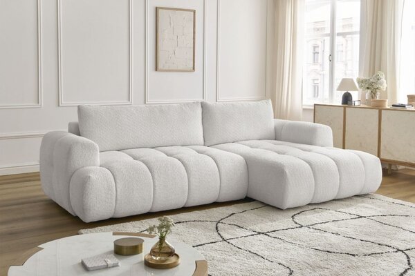 -25 % Dny MOMENTI– Bobochic Paris Bílá bouclé rozkládací pohovka Fuji 292 cm, pravá