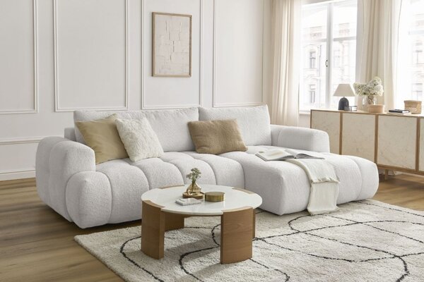 -25 % Dny MOMENTI– Bobochic Paris Bílá bouclé rozkládací pohovka Fuji 292 cm, pravá