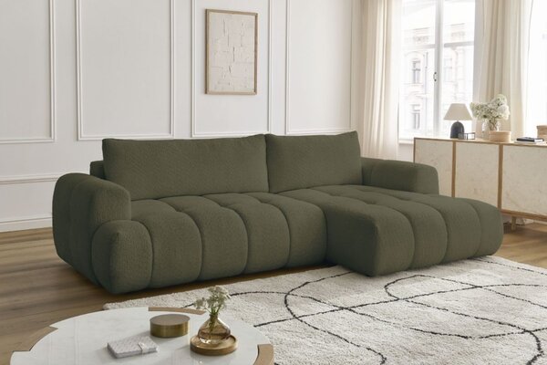 -25 % Dny MOMENTI– Bobochic Paris Zelená bouclé rozkládací pohovka Fuji 292 cm, pravá