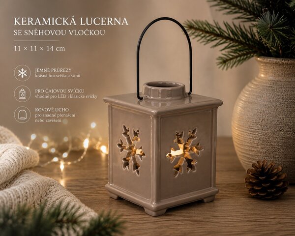 Keramická lucerna se sněhovou vločkou – světle hnědá, 11 × 11 × 14 cm 9000333-1