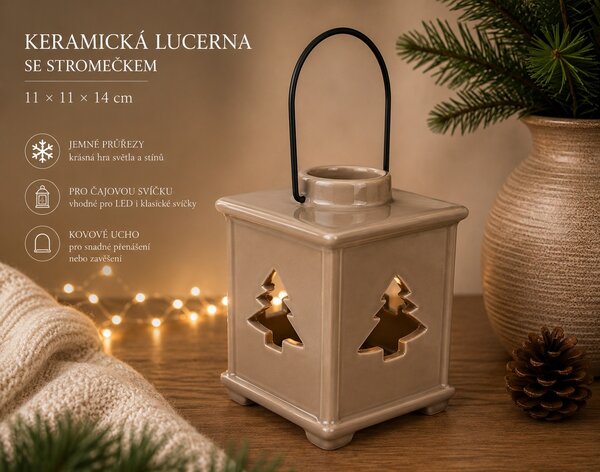 Keramická lucerna se stromečkem – světle hnědá, 11 × 11 × 14 cm 9000337-1