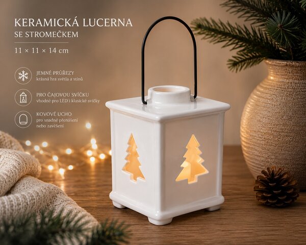 Keramická lucerna se stromečkem – bílá, 11 × 11 × 14 cm 9000334-1