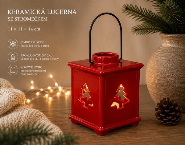 Keramická lucerna se stromečkem – červená, 11 × 11 × 14 cm 9000335-1