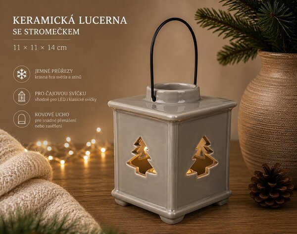 Keramická lucerna se stromečkem – šedá, 11 × 11 × 14 cm 9000336-1