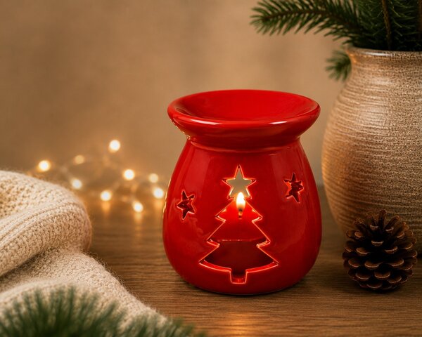 Keramická aroma lampa se stromečkem – červená, 8 × 7 cm 9000359