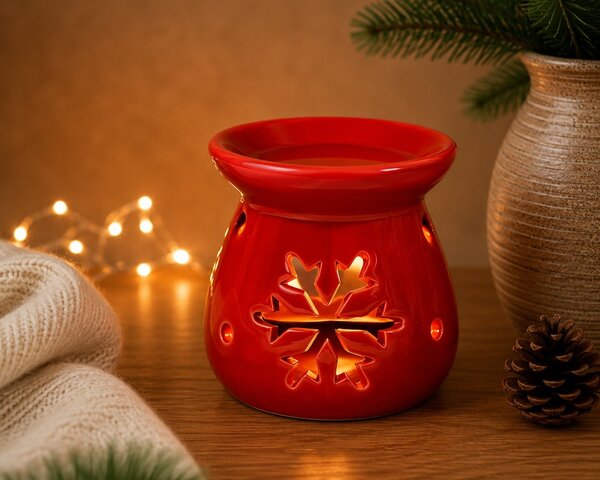 Keramická aroma lampa se sněhovou vločkou – červená, 8 × 7 cm 9000363