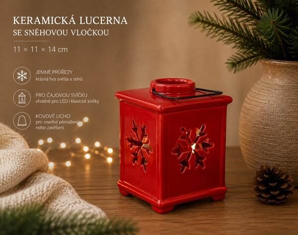 Keramická lucerna s vločkou – červená – 11 × 11 × 14 cm 9000331