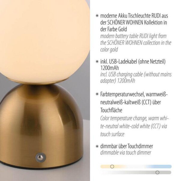 JUST LIGHT Kolekce Schöner Wohnen LED bateriové stolní svítidlo RUDI, zlaté, přes USB 3000-6000K