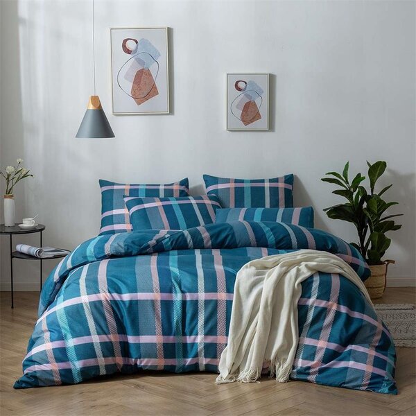 Bavlissimo 2-dílné povlečení kárované bavlna/mikrovlákno tyrkysová 140x200 na jednu postel