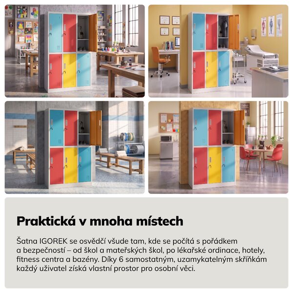 Školní skříňka BOZP 6komorová šedo-vícebarevná, 900x1500x450 mm: IGOREK