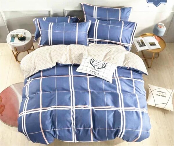 Sendia 3-dílné flanelové povlečení kárované modrá 140x200 na jednu postel