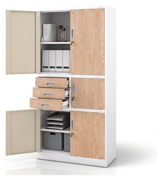 Kovová kancelářská skříň se sejfem bílá, dub sonoma, 900x1850x400 mm: FILIP II Eco Design