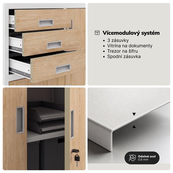 Kovová kancelářská skříň se sejfem bílá, dub sonoma, 900x1850x400 mm: FILIP II Eco Design