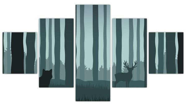 Obraz - Jelen s vlkem ve skalách (125x70 cm)
