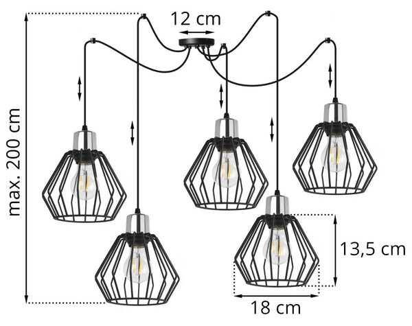 Závěsné svítidlo Nuvola Spider 4, 5x černé drátěné stínítko, ch