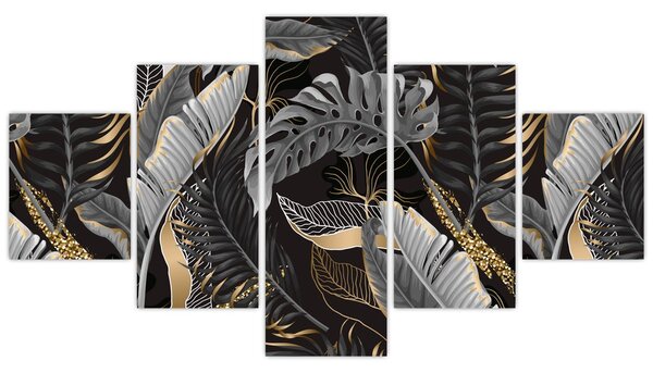 Obraz - Tropické listy v černo-zlaté (125x70 cm)