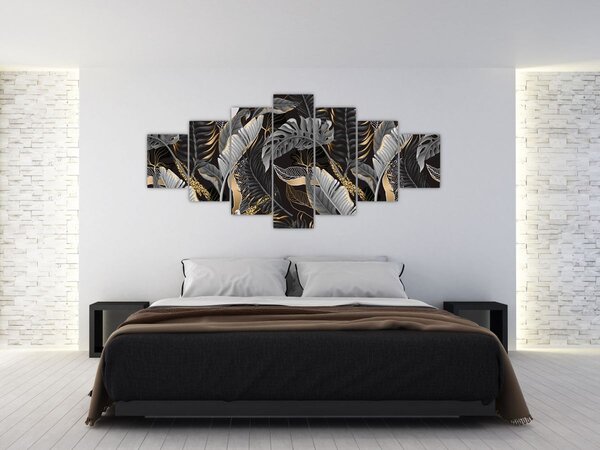 Obraz - Tropické listy v černo-zlaté (210x100 cm)