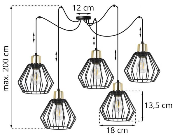 Závěsné svítidlo Nuvola Spider 5, 5x černé drátěné stínítko, g