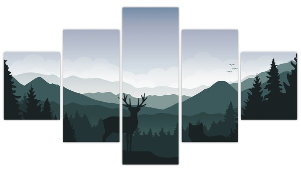 Obraz - Jelen s vlkem ve skalách (125x70 cm)