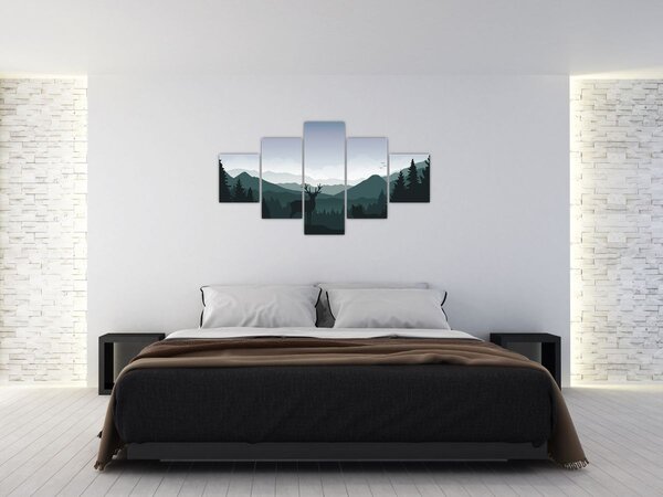 Obraz - Jelen s vlkem ve skalách (125x70 cm)