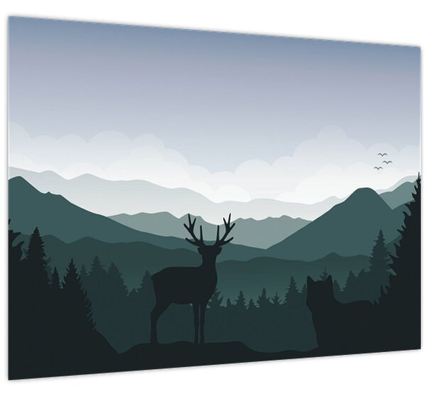 Obraz - Jelen s vlkem ve skalách (70x50 cm)