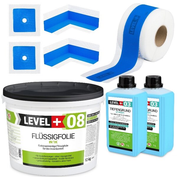 Hydroizolaní sada Tekutá fólie 12 kg Tsnicí páska 10mb Základní nátr Sprcha v koupeln - LEVEL+ SET303
