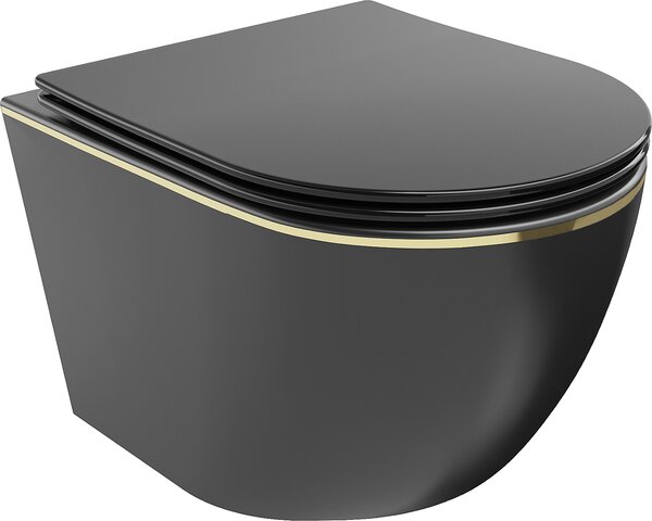 MEXEN - Lena WC mísa Rimless prkénko se zpomalovacím mechanismem Slim, duroplast, černá matná/zlatá linie - 30224075