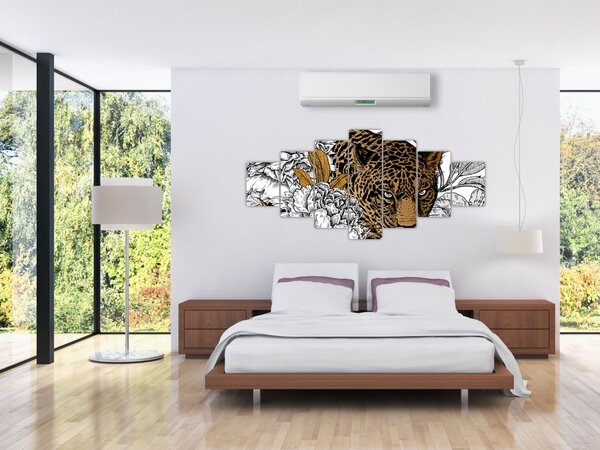 Obraz - Leopard mezi květy (210x100 cm)