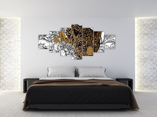 Obraz - Leopard mezi květy (210x100 cm)