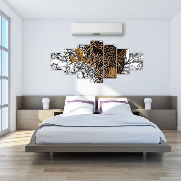 Obraz - Leopard mezi květy (210x100 cm)