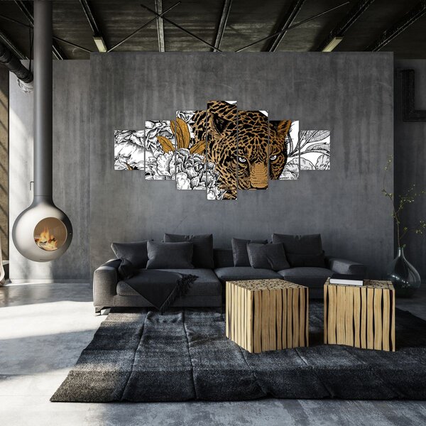 Obraz - Leopard mezi květy (210x100 cm)
