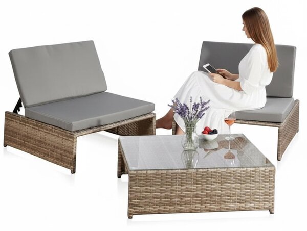 Mucola sedací souprava polyratan lounge zahradní set 2 křesla a stl zahradní lounge zahradní nábytek zahradní set jídelní set - edý