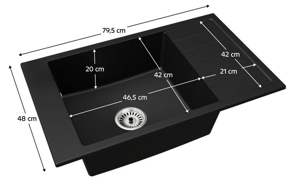 KONDELA Granitový dřez se sifonem a odkapávací plochou, univerzální, černá, 79,5x48, LUSIN