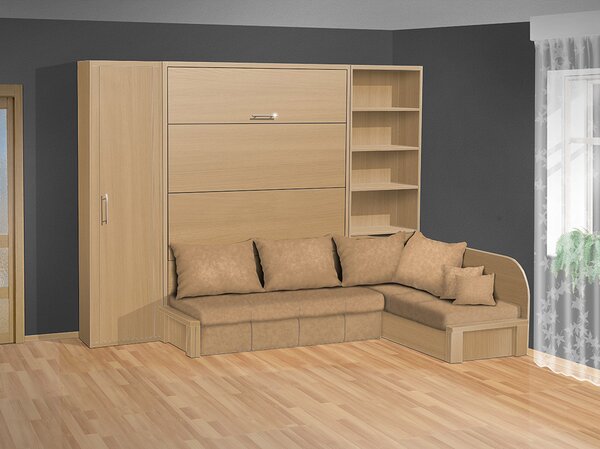 Výklopná postel s pohovkou VS 3075P, 200x160cm + policová skříň 60 barva lamina: buk, nosnost postele +standartní nosnost bez matrace, barva pohovky: nubuk 133 caramel