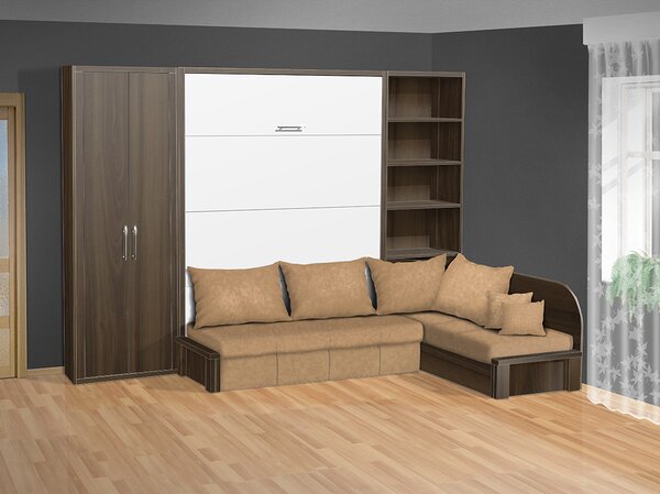 Výklopná postel s pohovkou VS 3075P, 200x140cm + policová skříň 80 barva lamina: ořech 729/bílá, nosnost postele +standartní nosnost bez matrace, barva pohovky: nubuk 133 caramel
